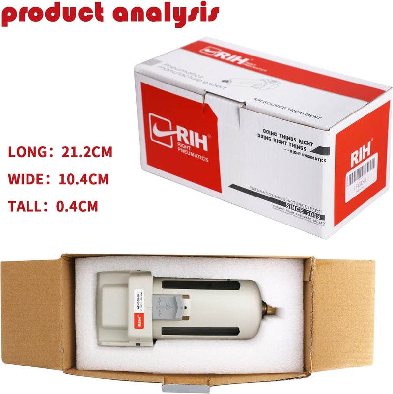 RH 1/2" NPT Air Dryer for Compressor, Air compressor water separator,air compressor filter,AF4000-04 Manual Drain,5 Micron Brass Element, Poly Bowl 0-150 psi 5μm - Image 5